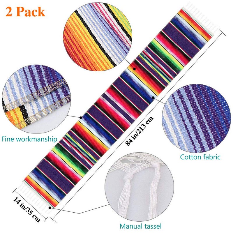 Dreamtop 2 Packs Mexican Table Runner 14 x 84 inch, Serape Table Runner for Mexican Party Wedding Decorations Outdoor Picnics Dining Table, Fringe Cotton Table Runners with 2 Pack Mexican Party Picado - Image 2